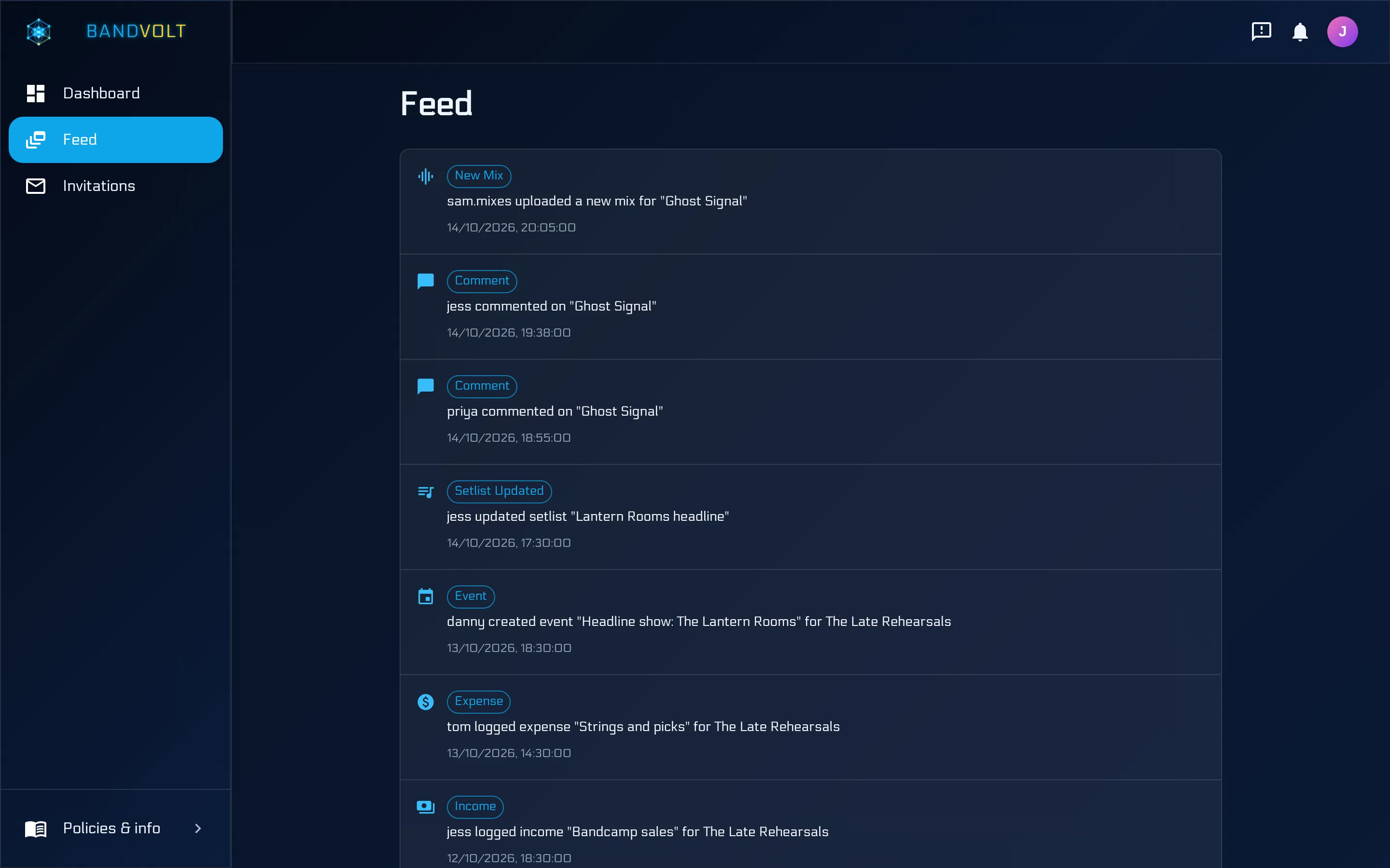 The band activity feed showing a new mix version and new comments from other members