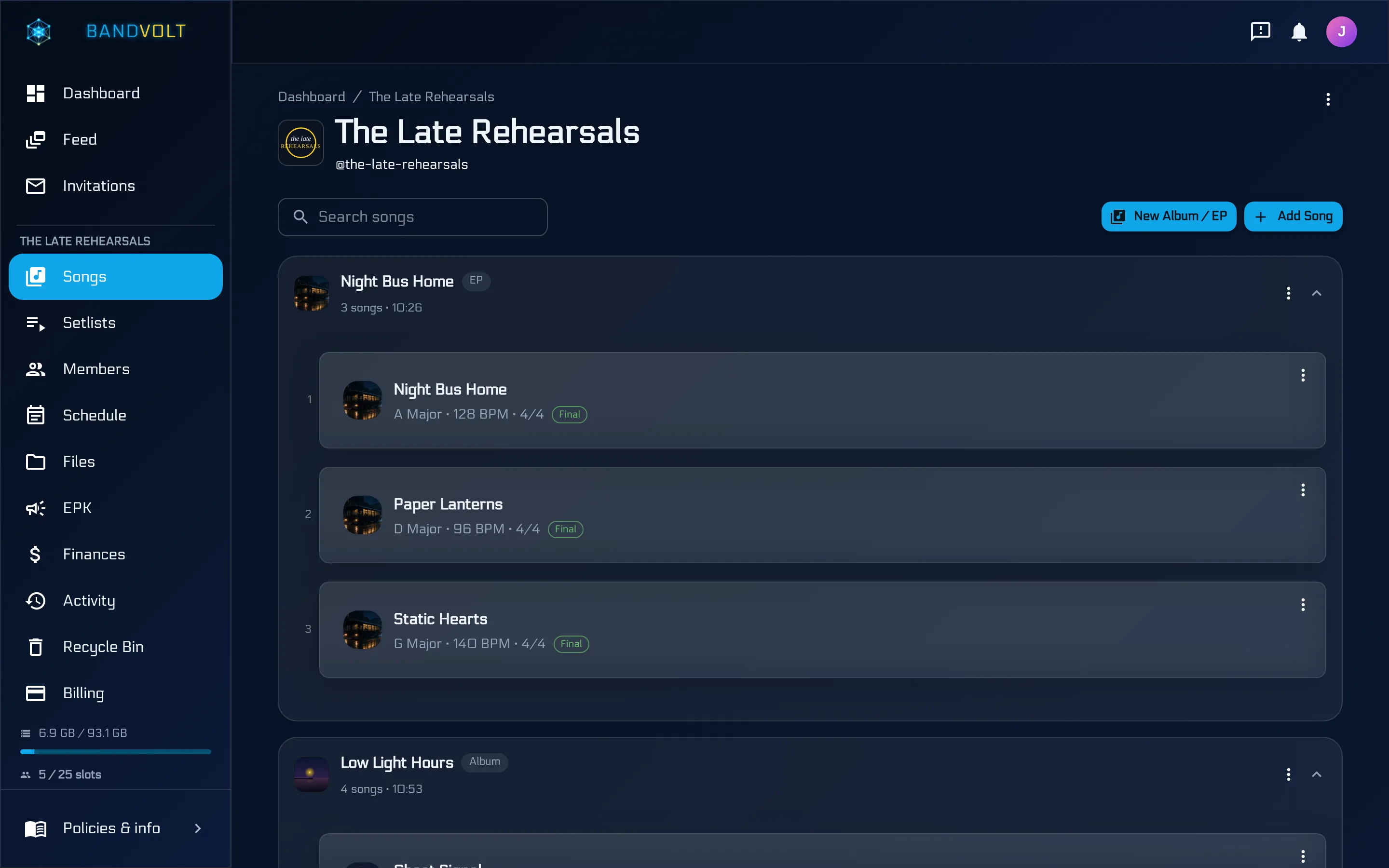 A band workspace showing songs, members, and activity in one place