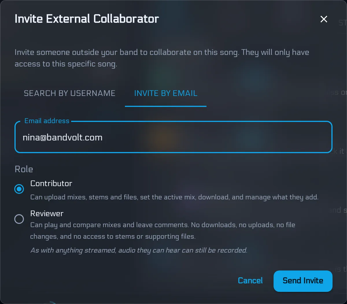Invite dialog showing Contributor and Reviewer role options for an external collaborator
