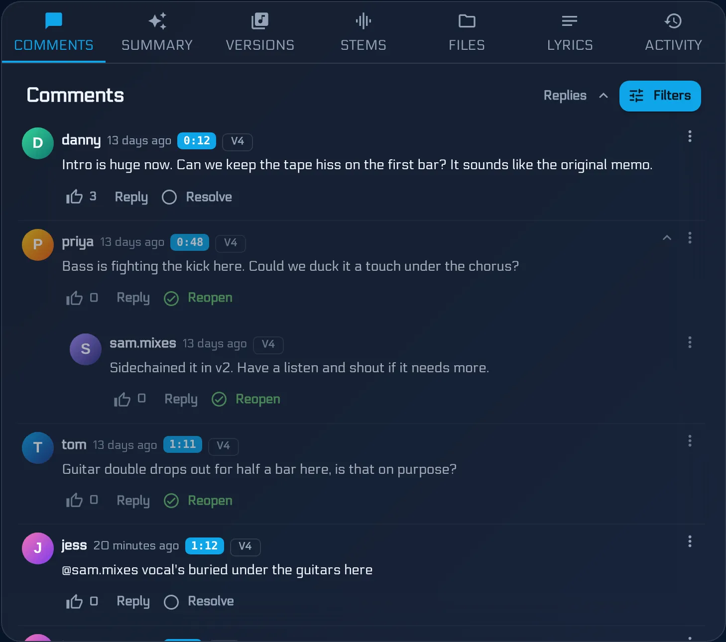 Timestamped comments on a mix waveform, with replies