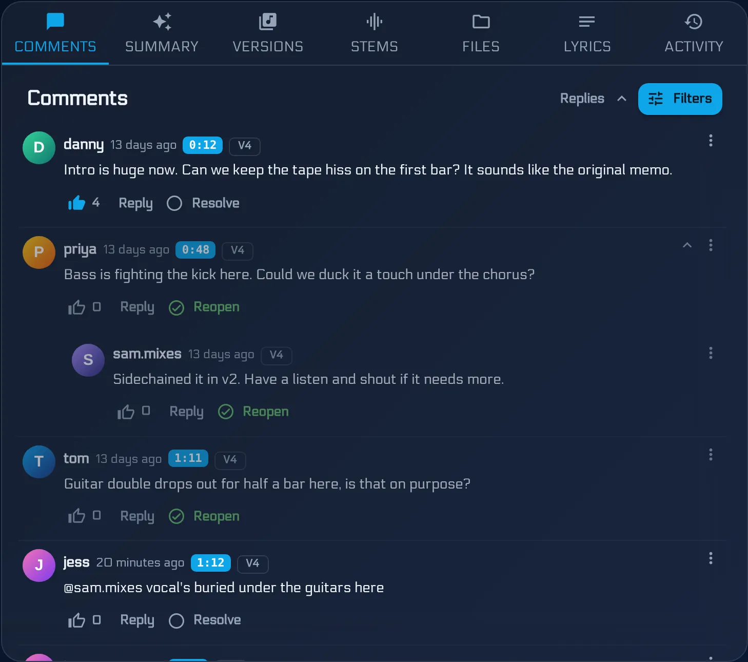 Mix comments with upvotes showing several band members backing the same note