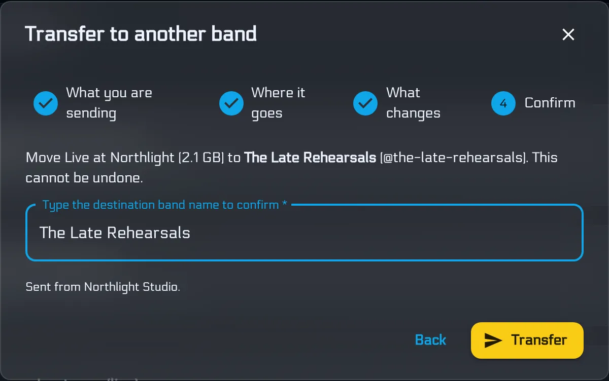 Offer wizard confirm step requiring the destination band name before Transfer