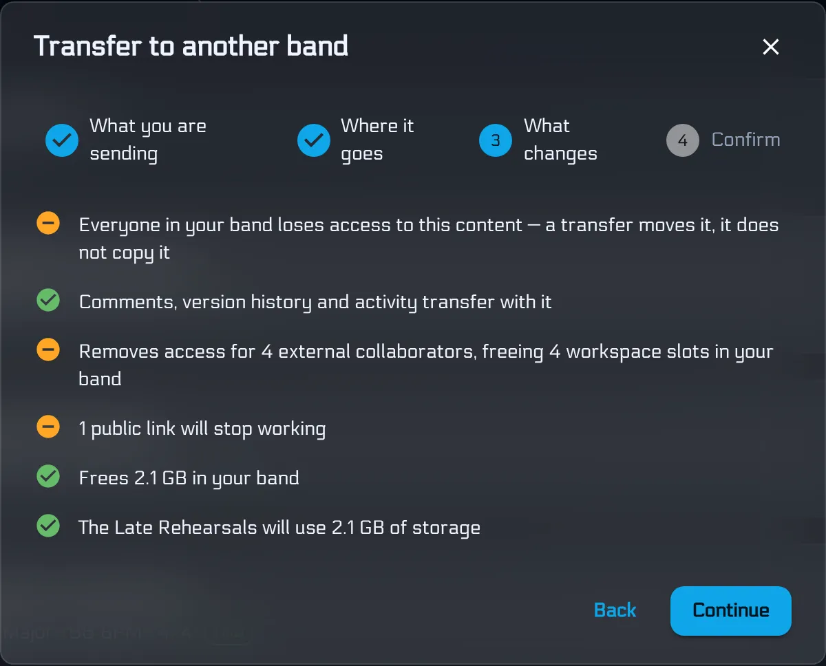 Offer wizard What changes step listing access loss, history that travels, and storage freed for the destination band
