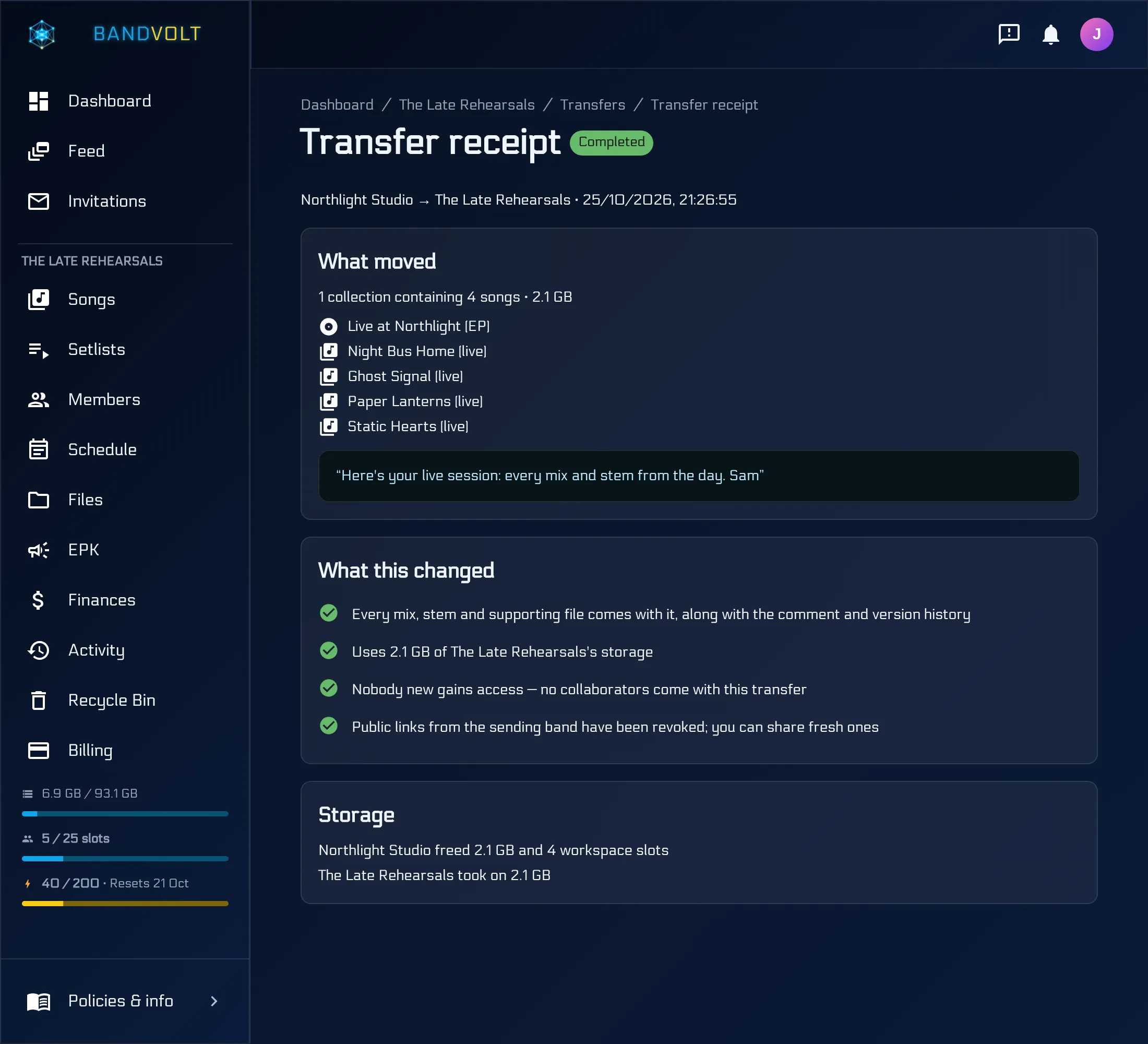 A content transfer receipt in BandVolt confirming a finished song moved to the client band