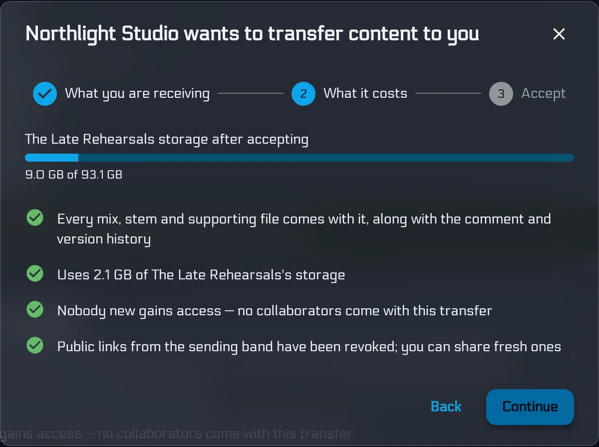The storage review step of a content transfer, before the client band accepts