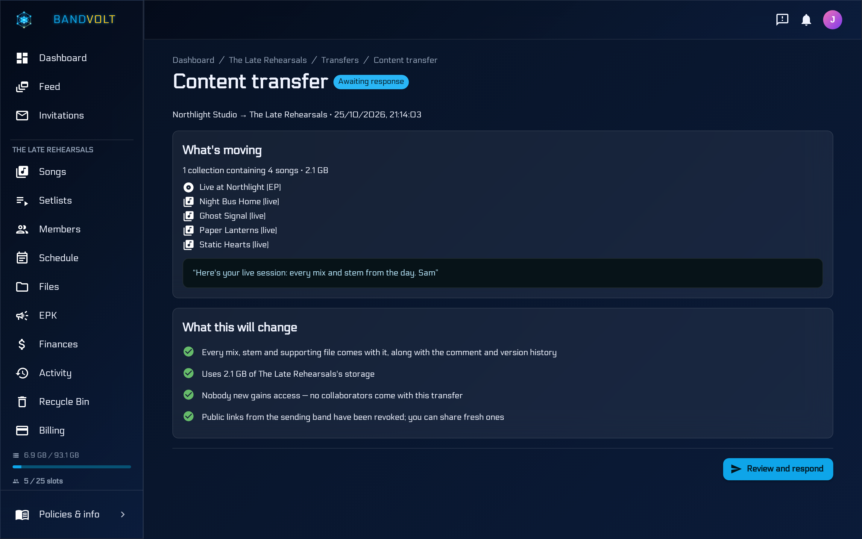 Content transfer detail showing a pending handoff of an EP between bands, with what changes