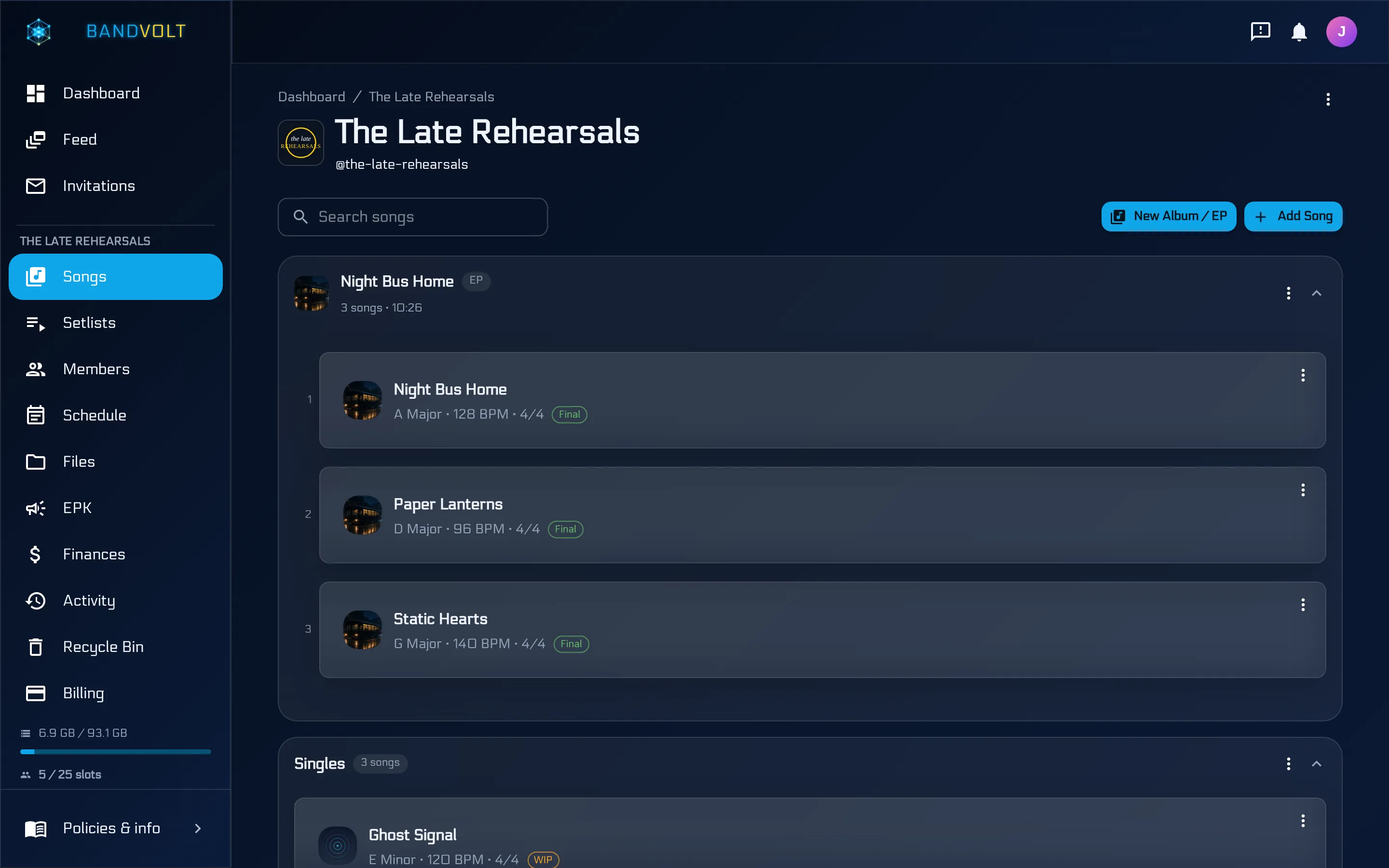 The BandVolt dashboard showing a band's song library, members, and shortcuts to add a song, event, or setlist