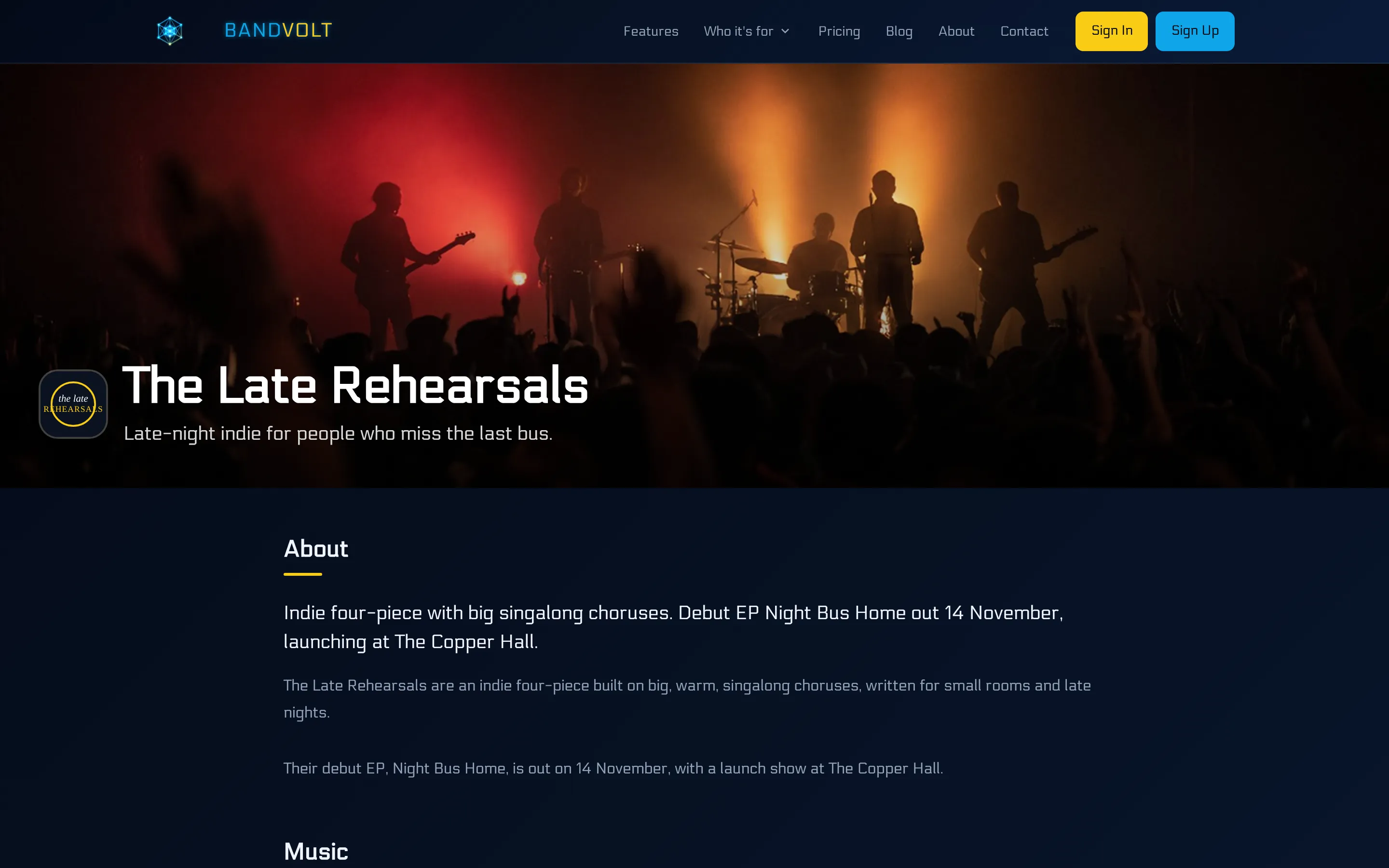 A BandVolt Electronic Press Kit page with band bio, music player, and video embeds