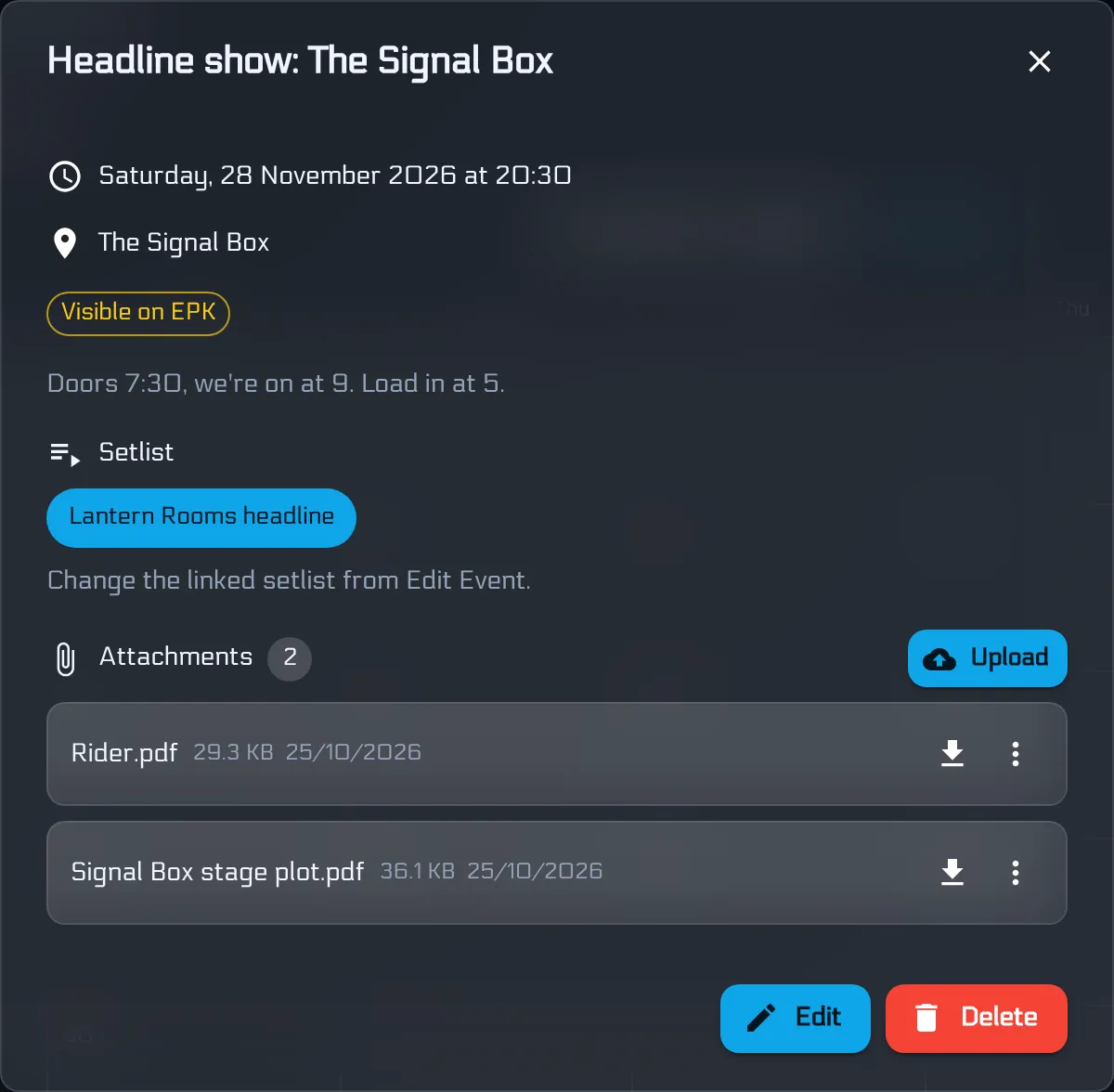 A gig event with its setlist linked and the tech rider attached, flagged to show on the EPK
