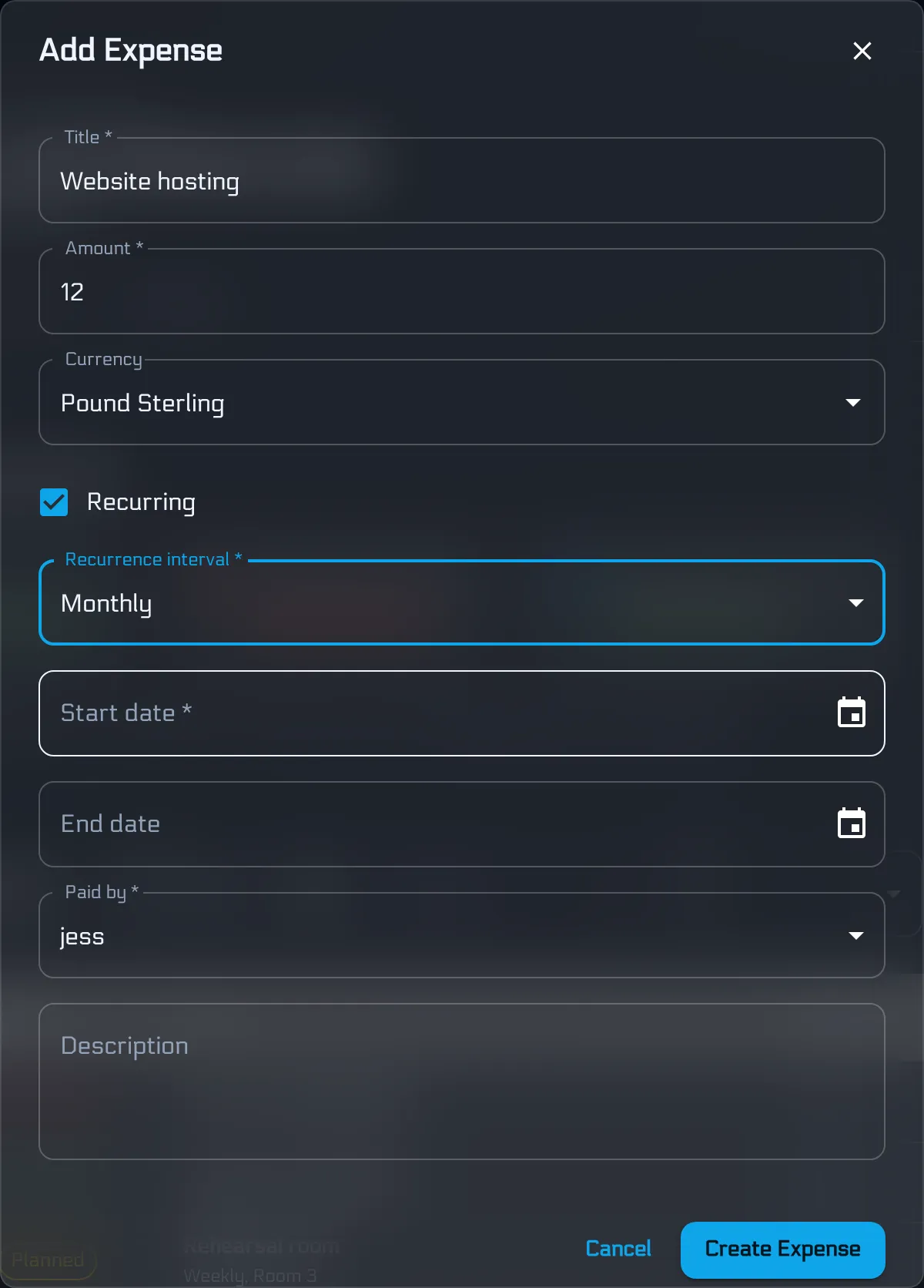 Adding a band expense set to recur monthly, with a start date and recurrence interval