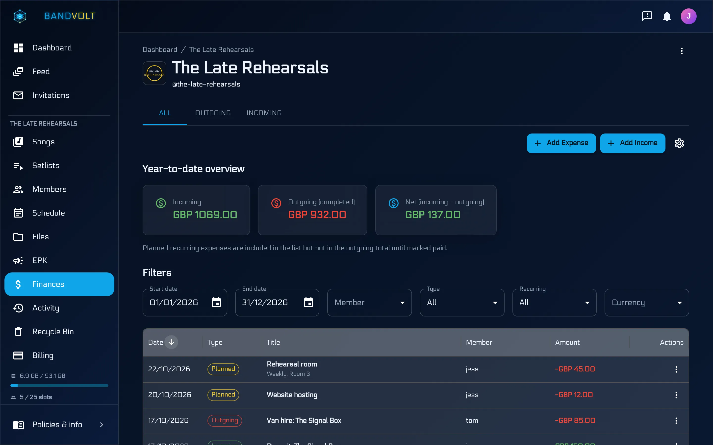 The shared band finances ledger in BandVolt with income and expenses