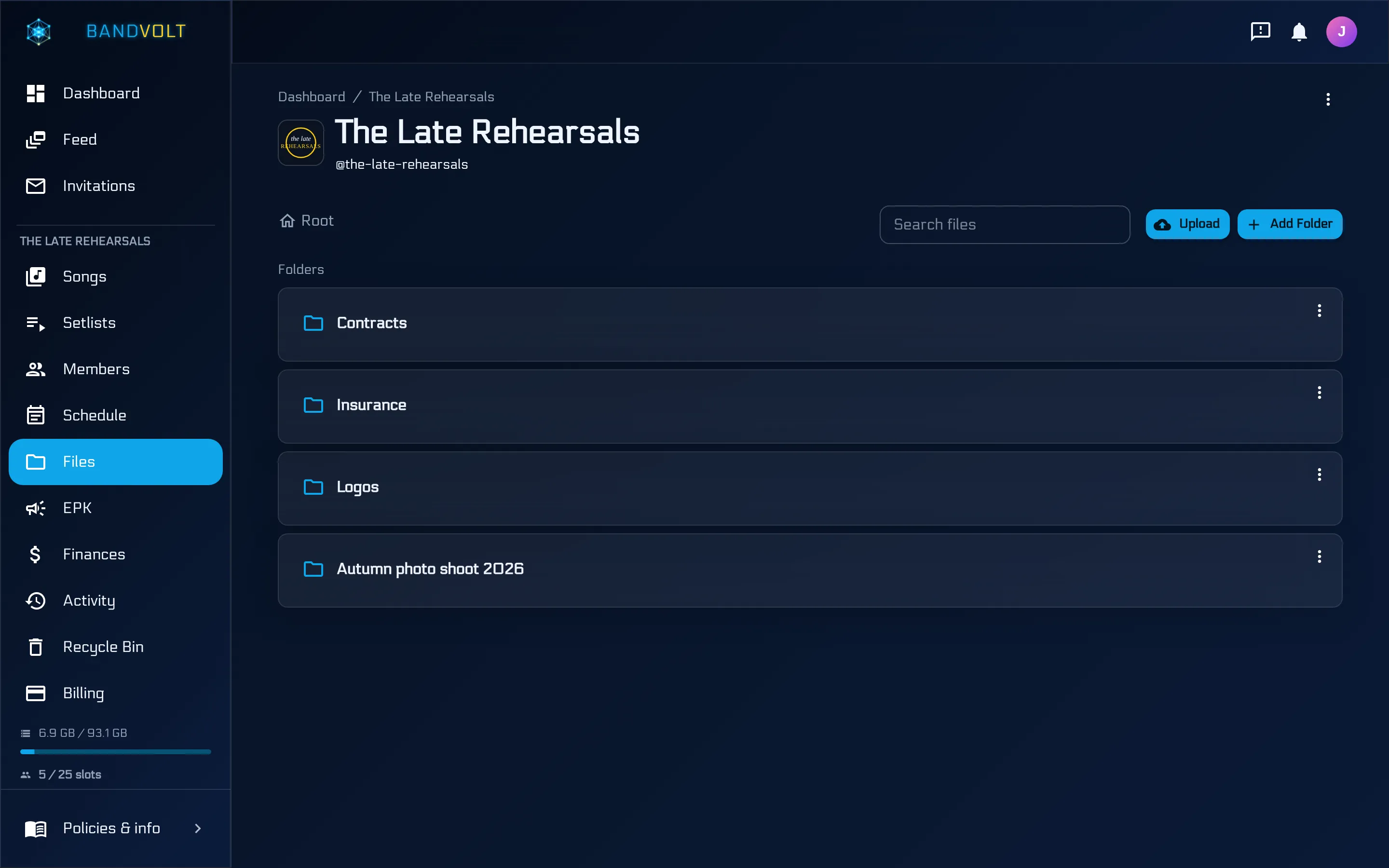 Band file manager in BandVolt with organised folders for riders and press assets