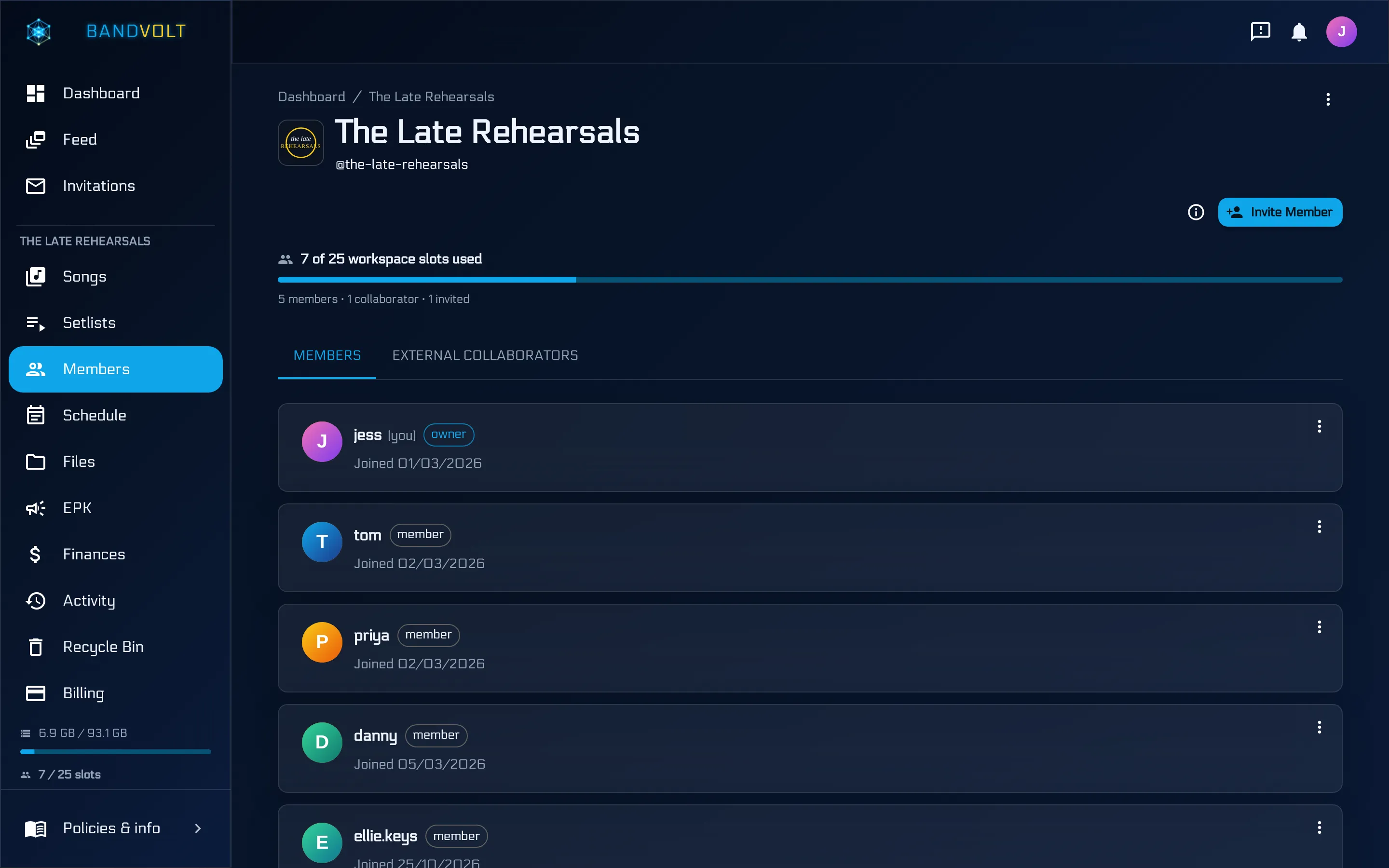 Member management in BandVolt showing band members and invited collaborators