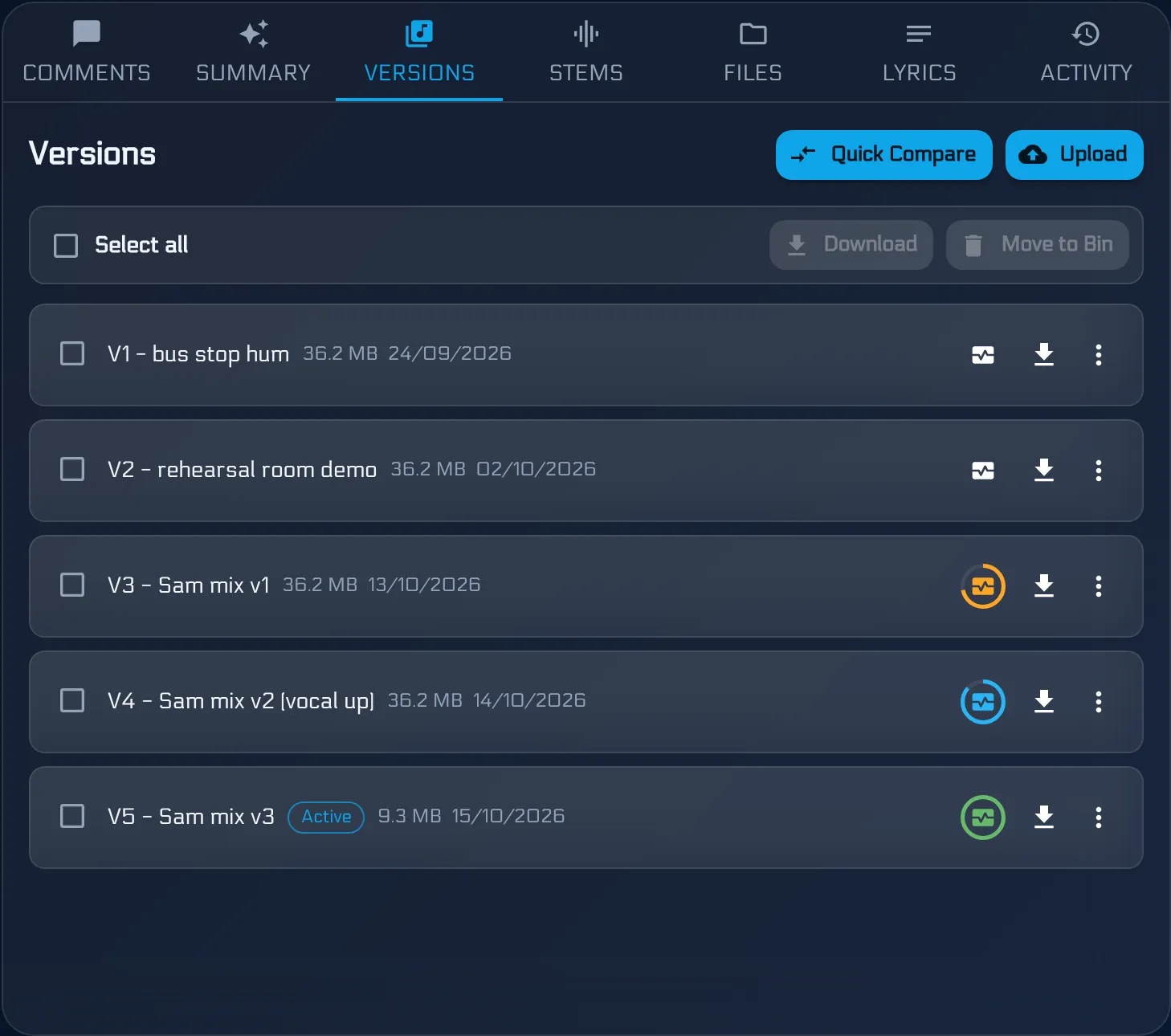 A song's version list with Mix Health score badges shown against each analysed version