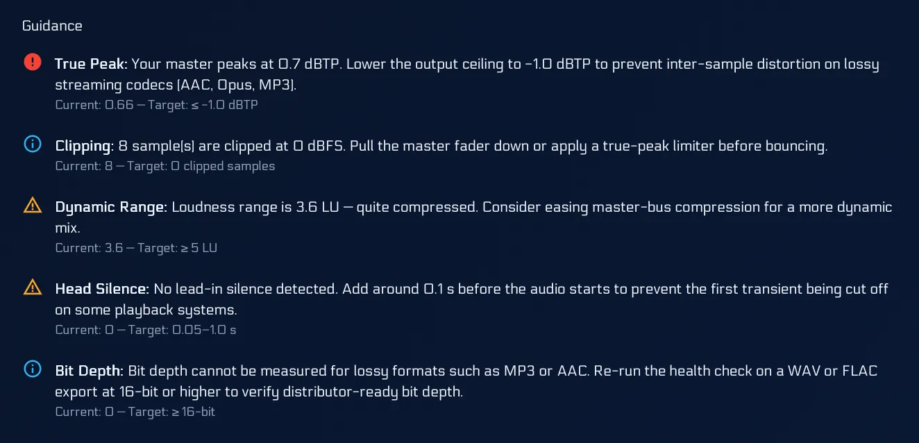 Mix Health guidance panel showing the current true peak value against its target, with a plain-language fix