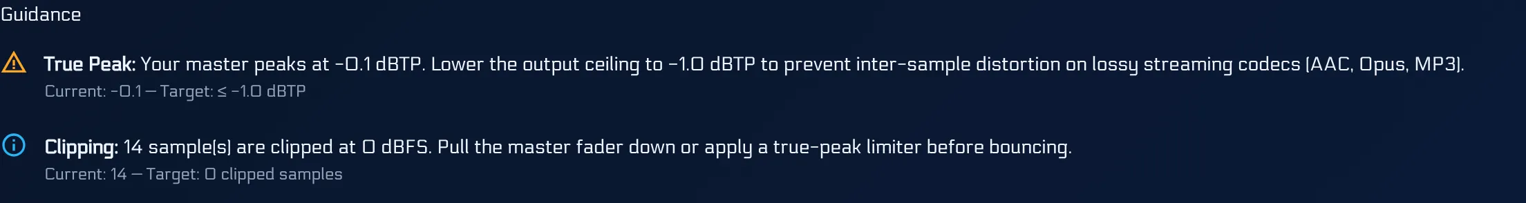 Mix Health guidance panel showing the current true peak value against its target, with a plain-language fix