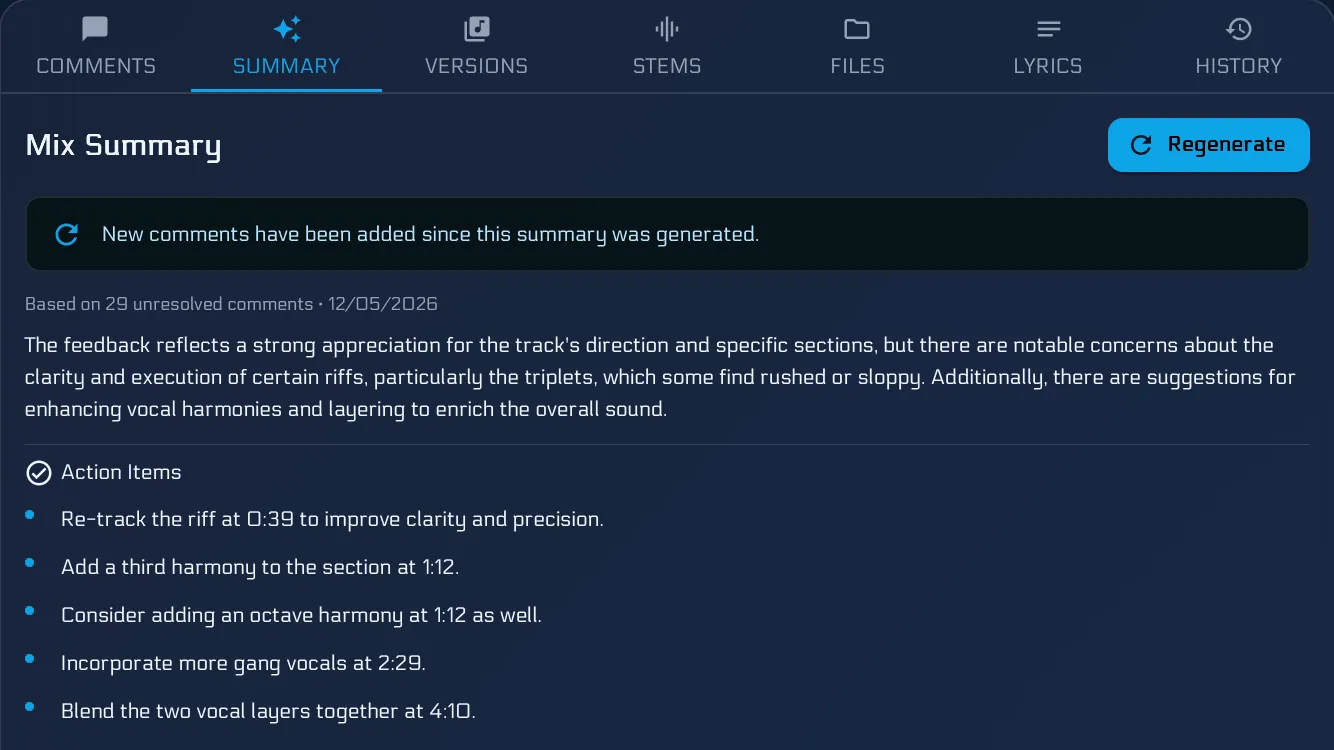AI Mix Summary showing actionable feedback