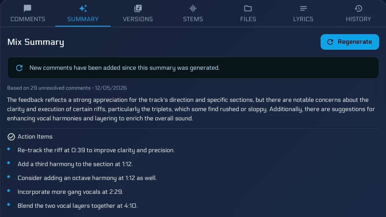 AI Mix Summary showing actionable feedback
