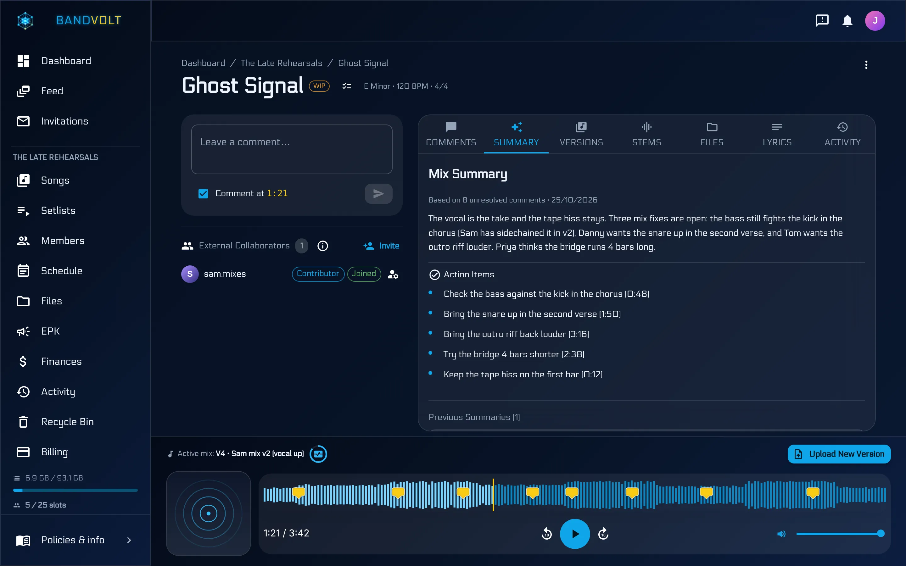 An AI Mix Summary in BandVolt distilling band comments into an actionable list