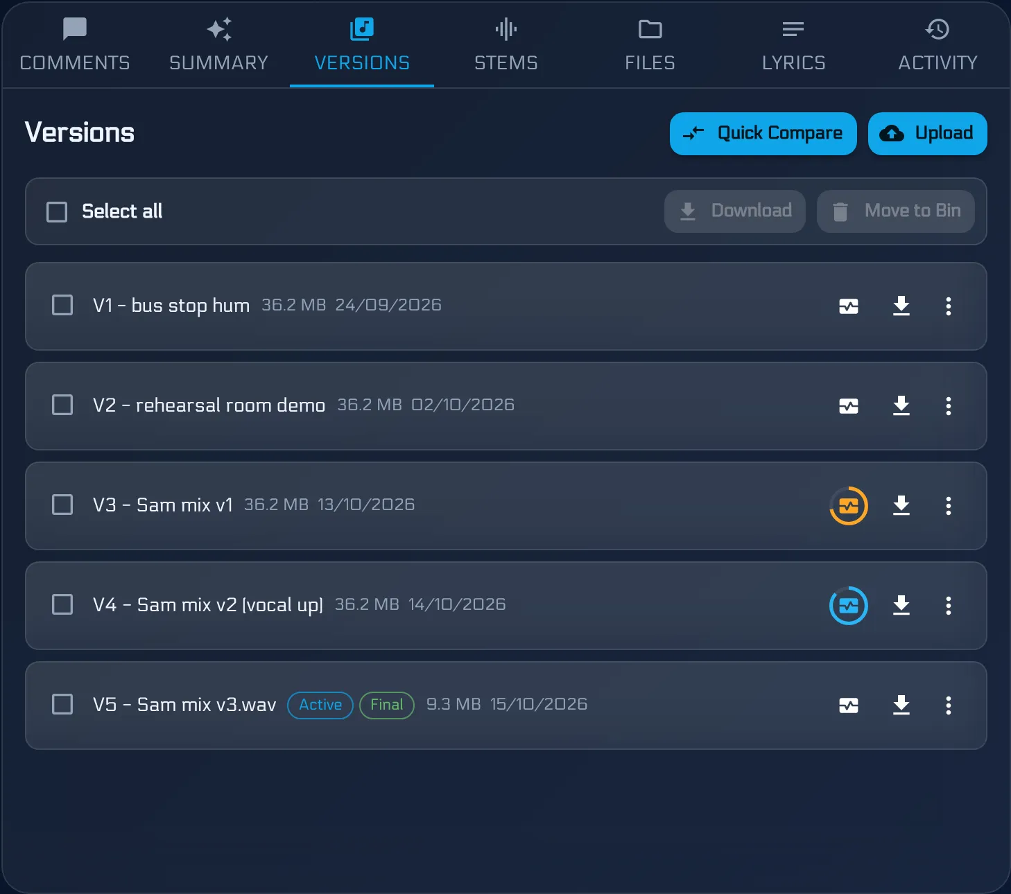 Versions tab with every mix selected and Download ready in the bulk bar
