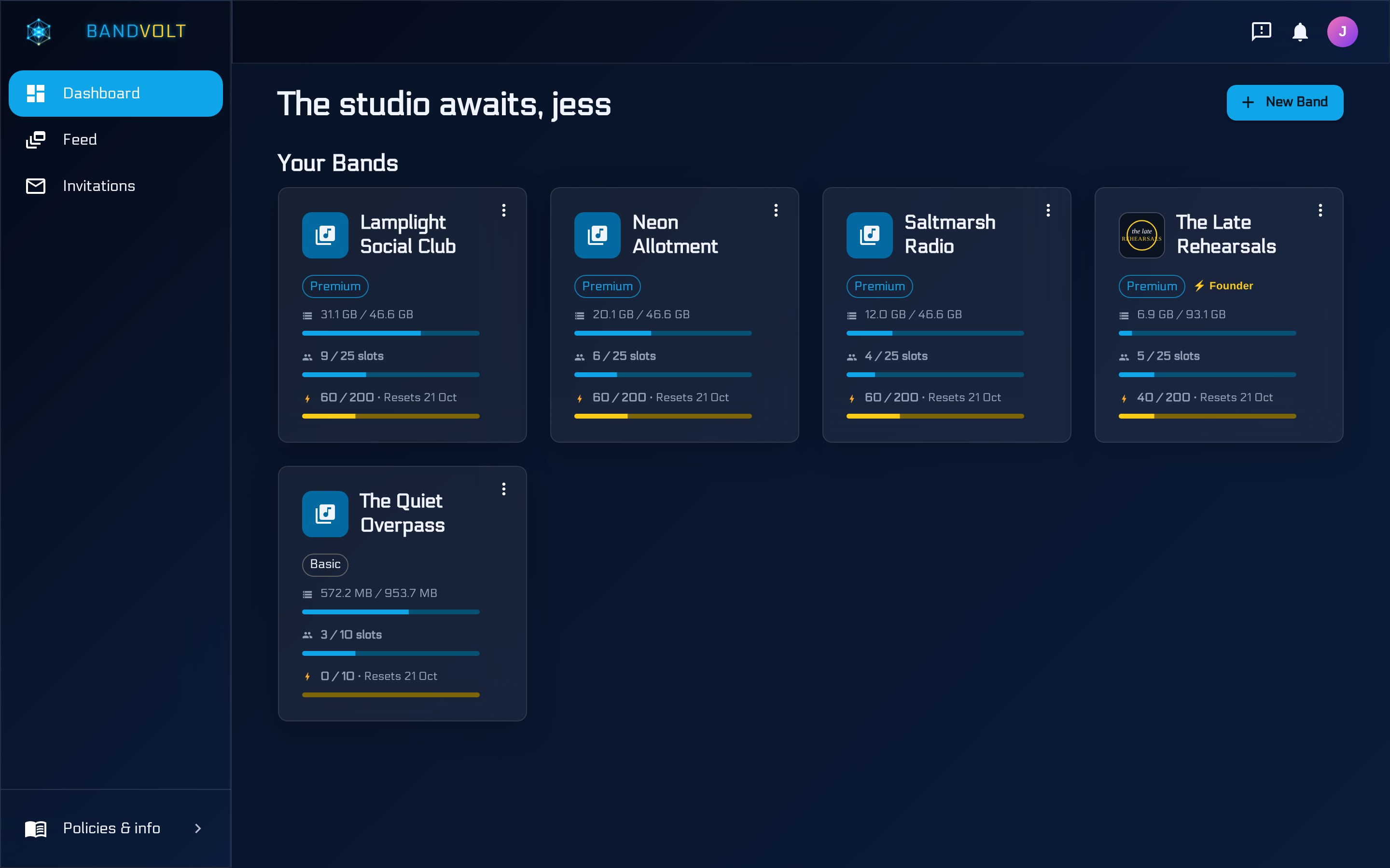 The BandVolt dashboard listing five bands under one login, each with its own plan, storage, and workspace slots