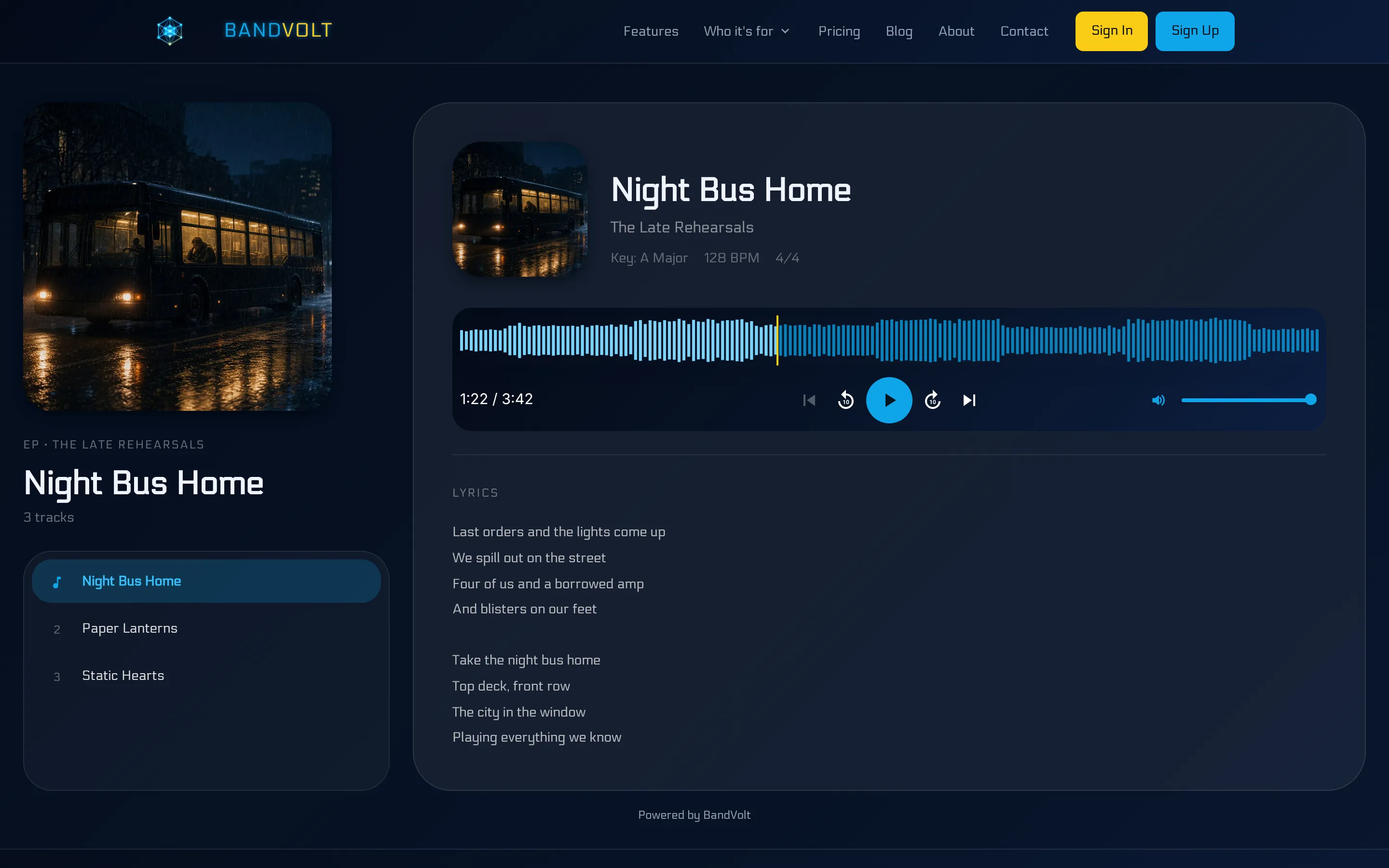 A BandVolt public collection page streaming a full EP without an account