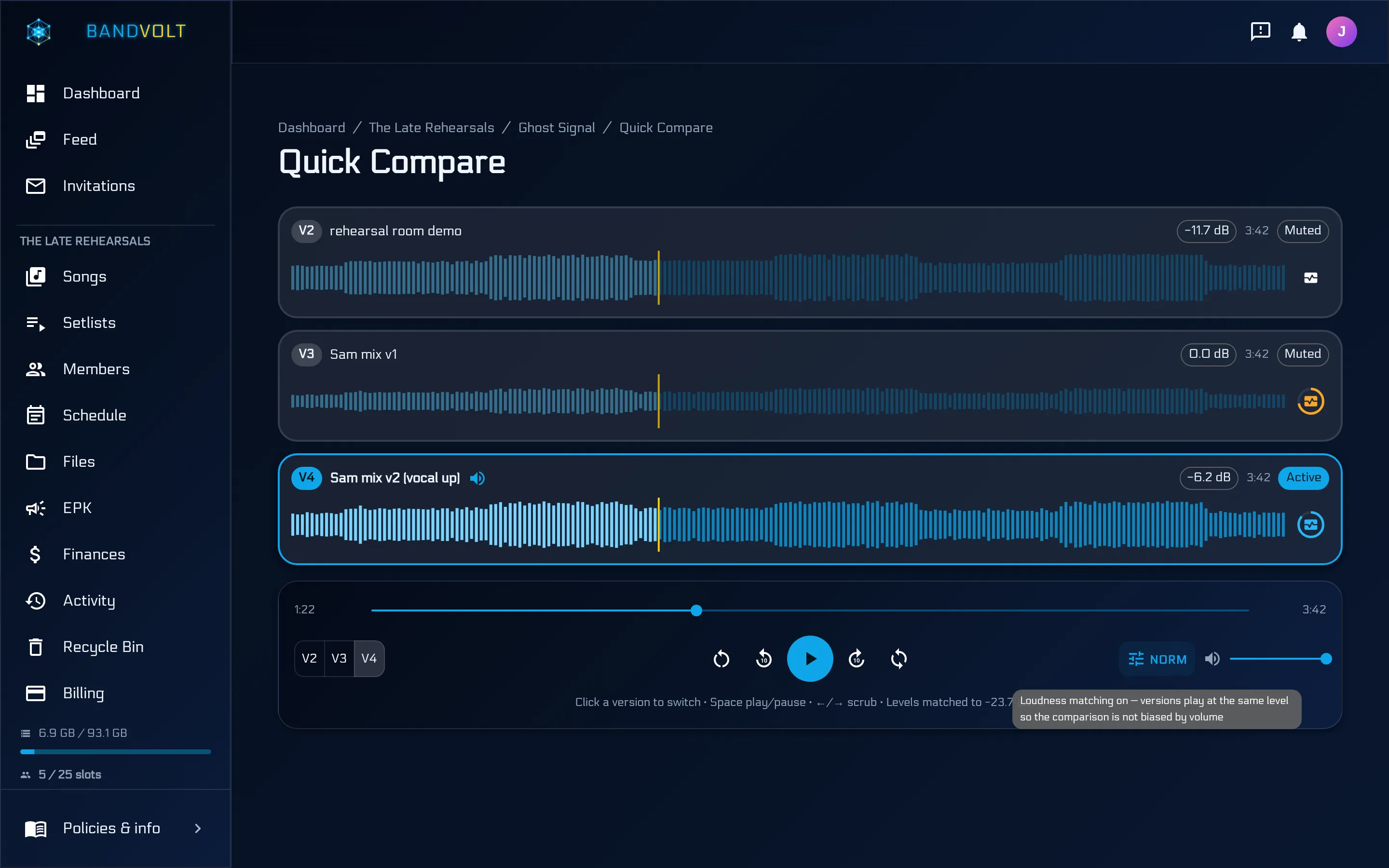 Quick Compare with loudness matching on - per-version dB offsets and levels matched to a shared LUFS target