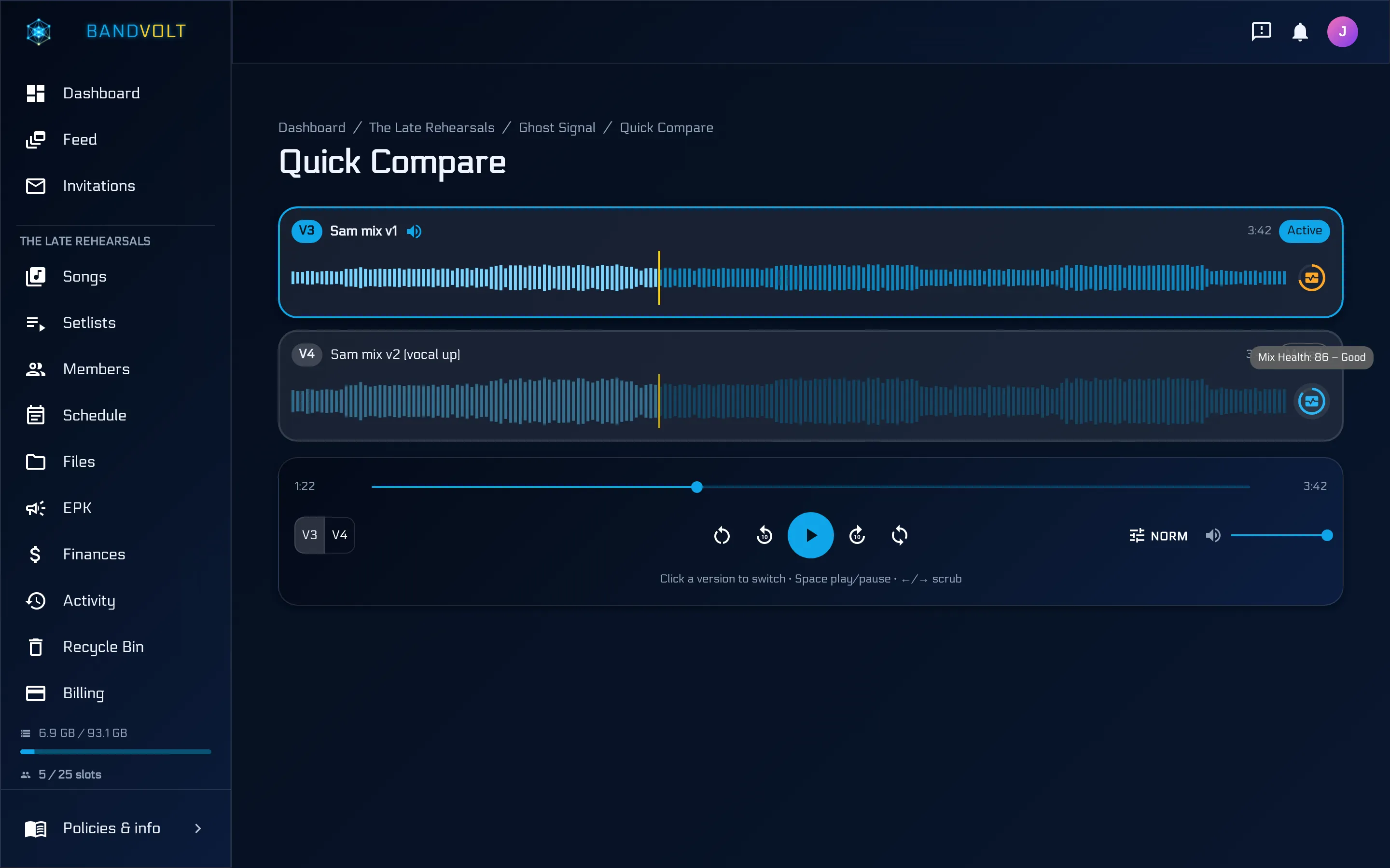 Quick Compare in BandVolt with two mix versions and the Mix Health score of each