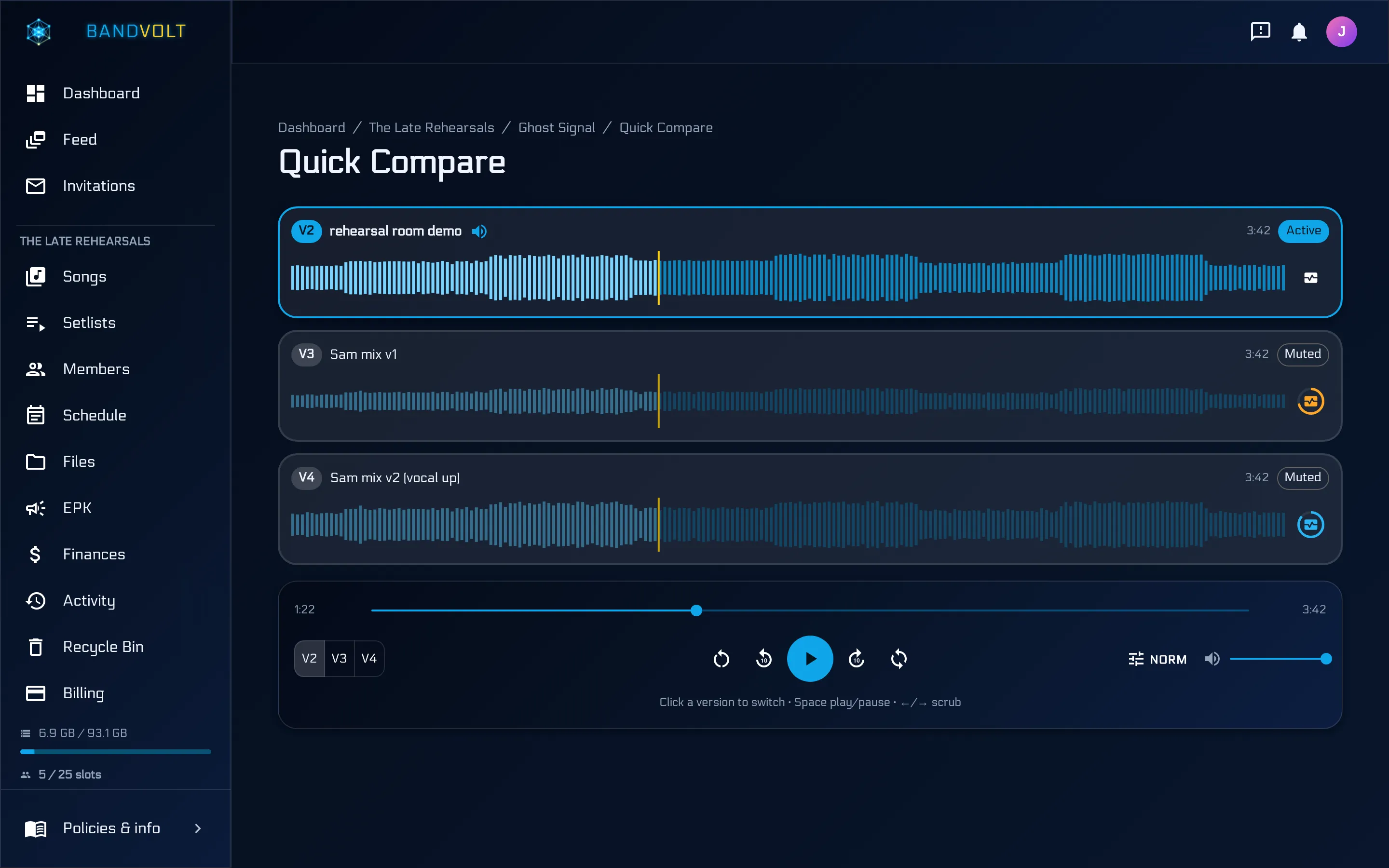 Quick Compare in BandVolt flipping between three mix versions at the same playback position