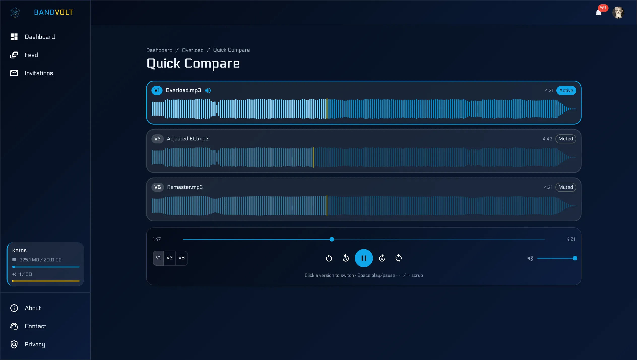 Quick Compare view showing two mix versions side by side