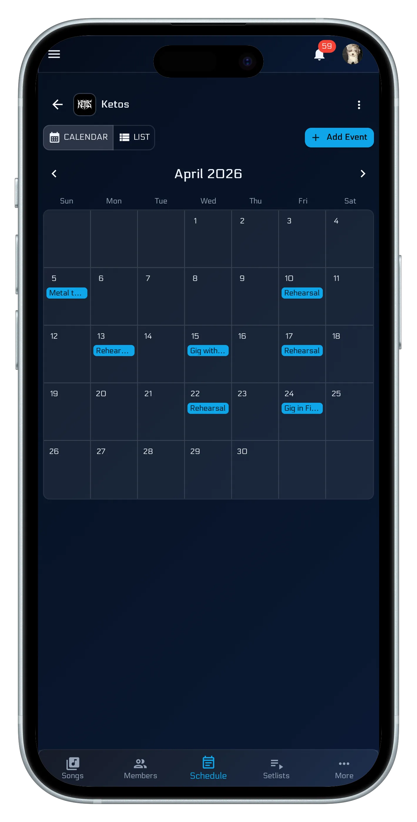 Never miss a gig or rehearsal on mobile
