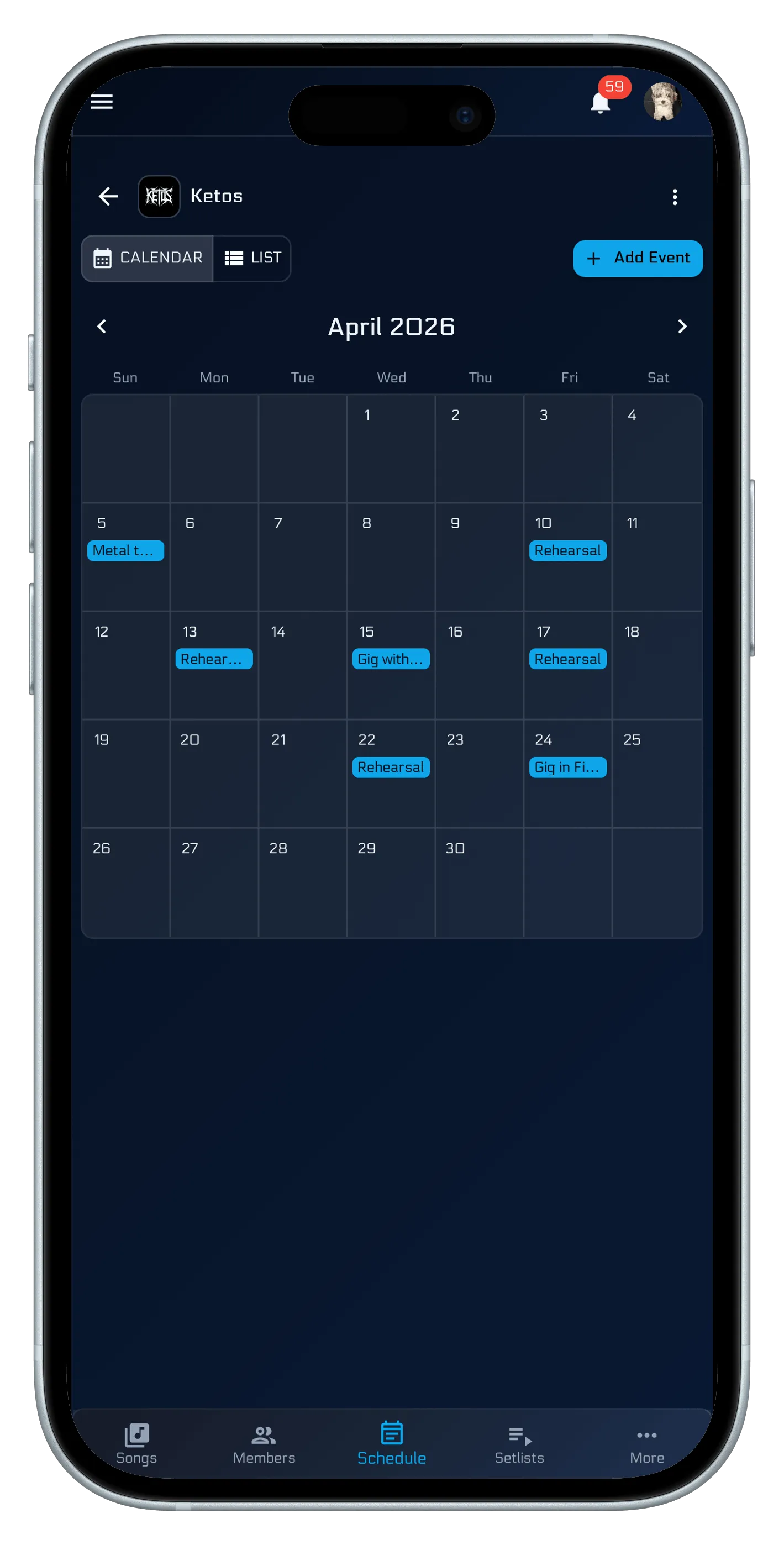 Never miss a gig or rehearsal on mobile