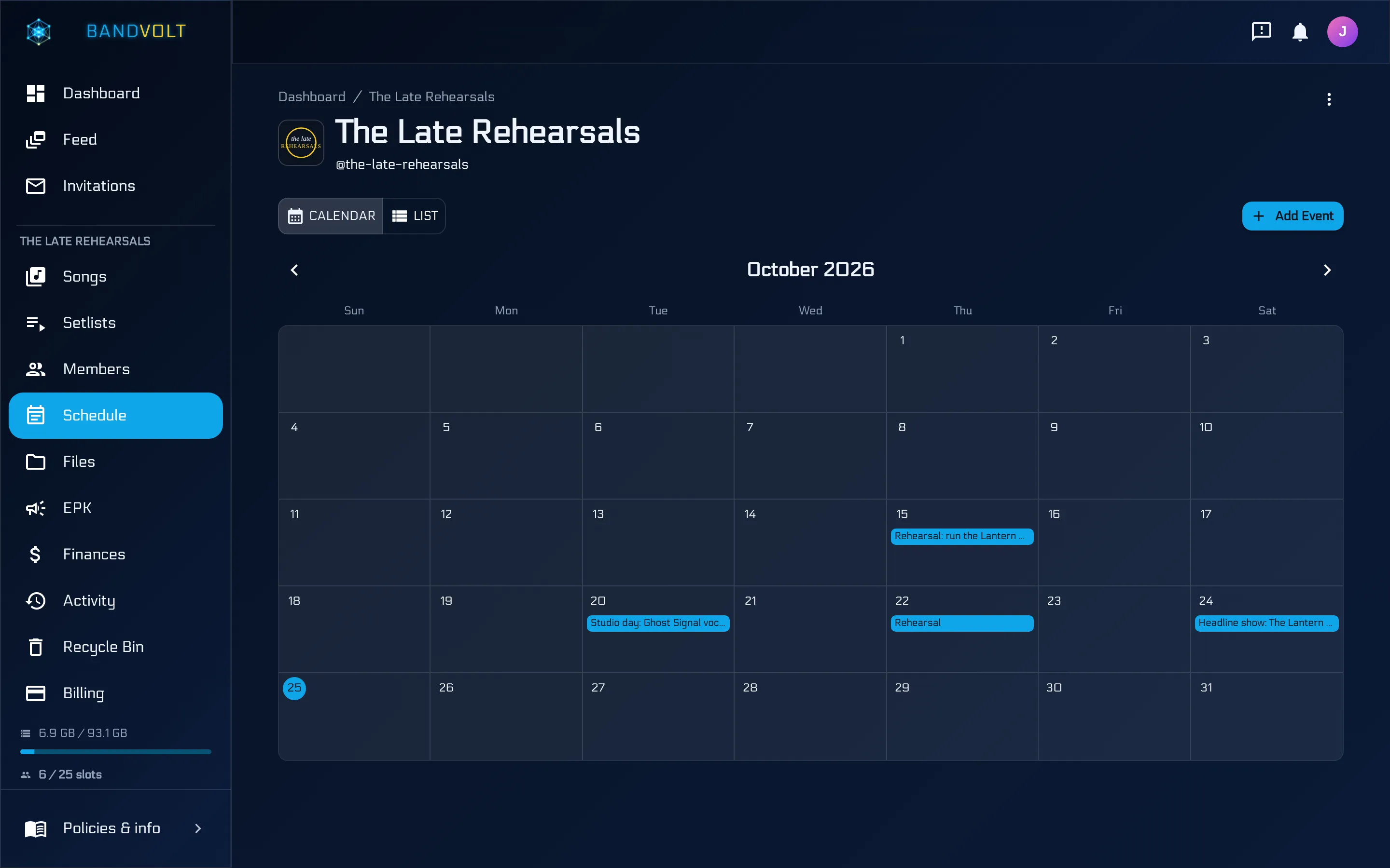 The shared band calendar in BandVolt with rehearsals, sessions, and gigs