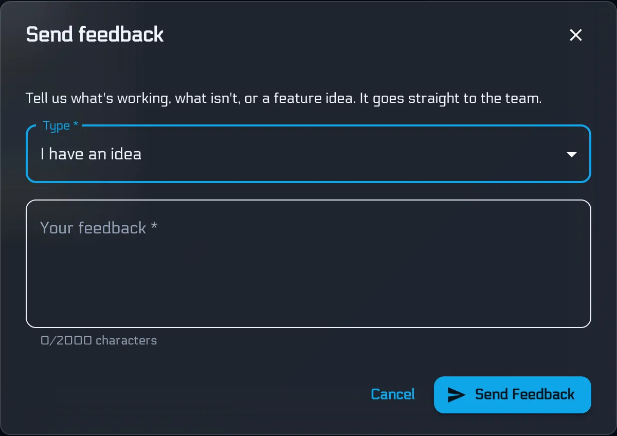The Send feedback dialog in BandVolt with type and message fields ready to go