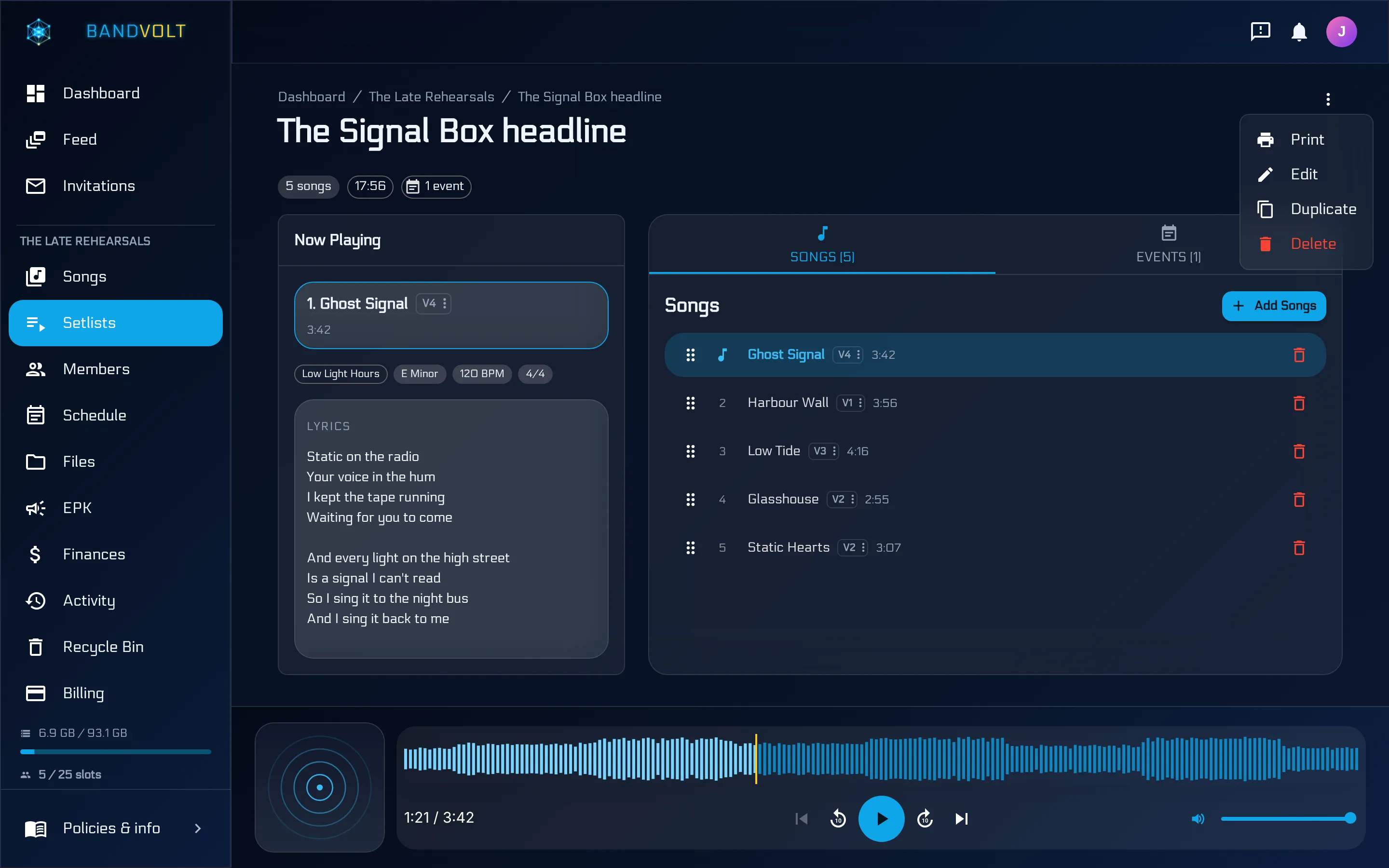Setlist detail with the actions menu open and Print selected