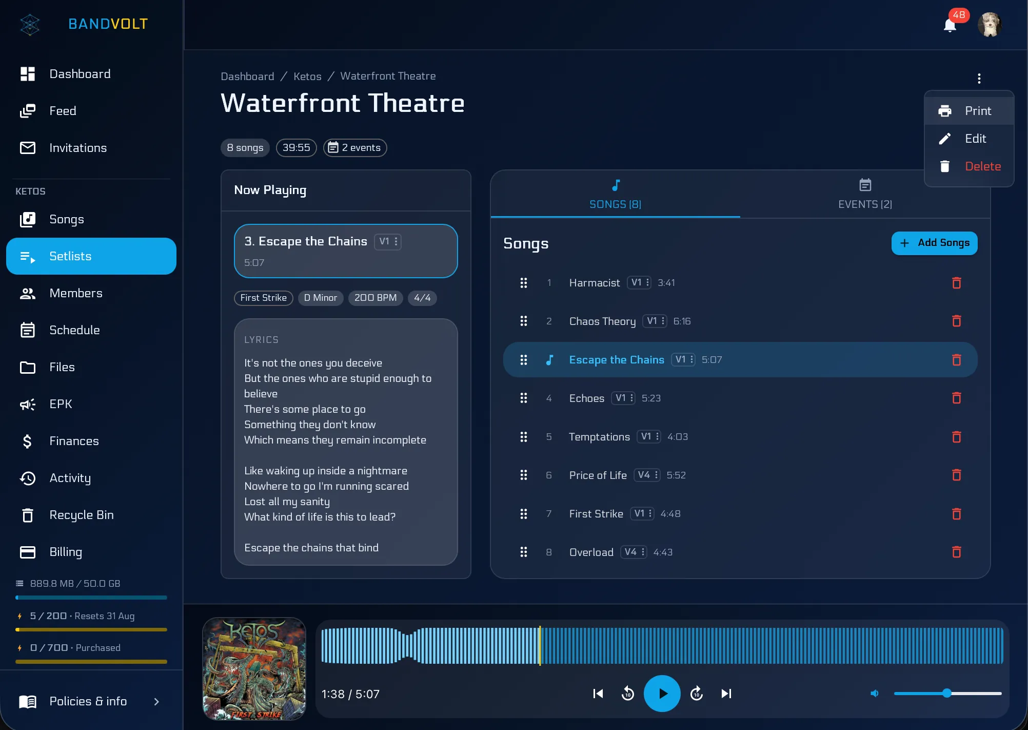 Setlist detail with the actions menu open and Print selected