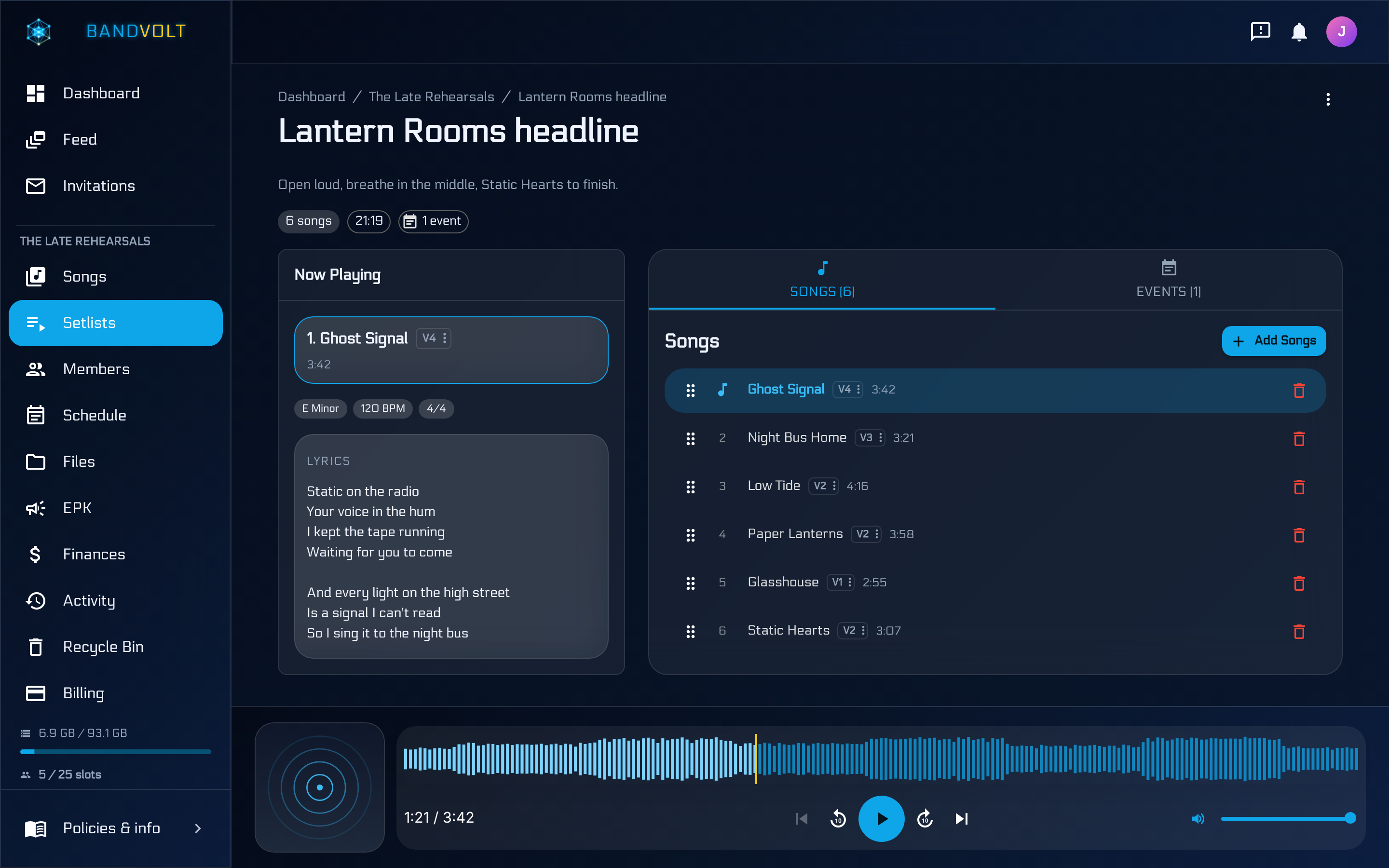 Setlist view in BandVolt showing songs in order with key and BPM