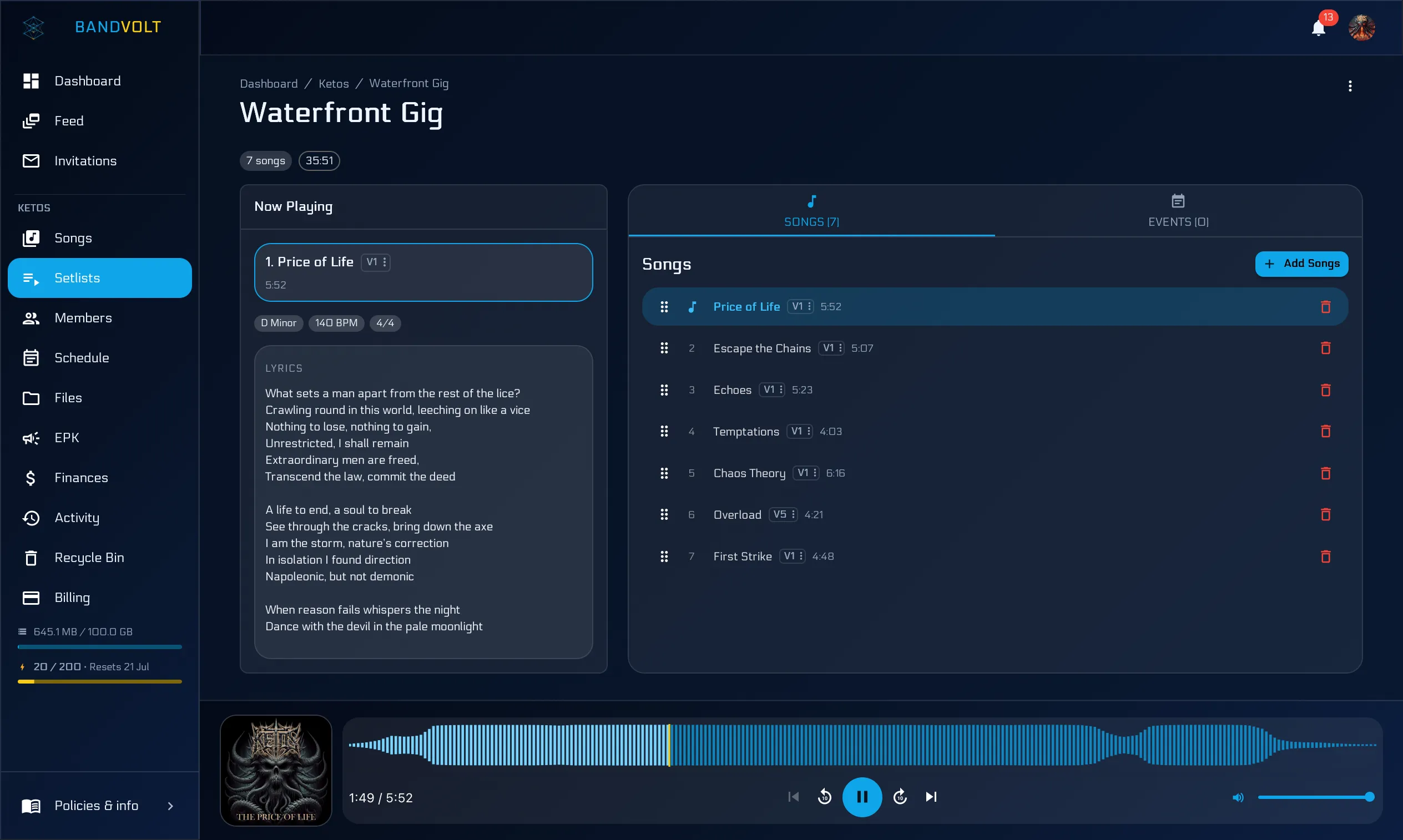 Setlist playback view