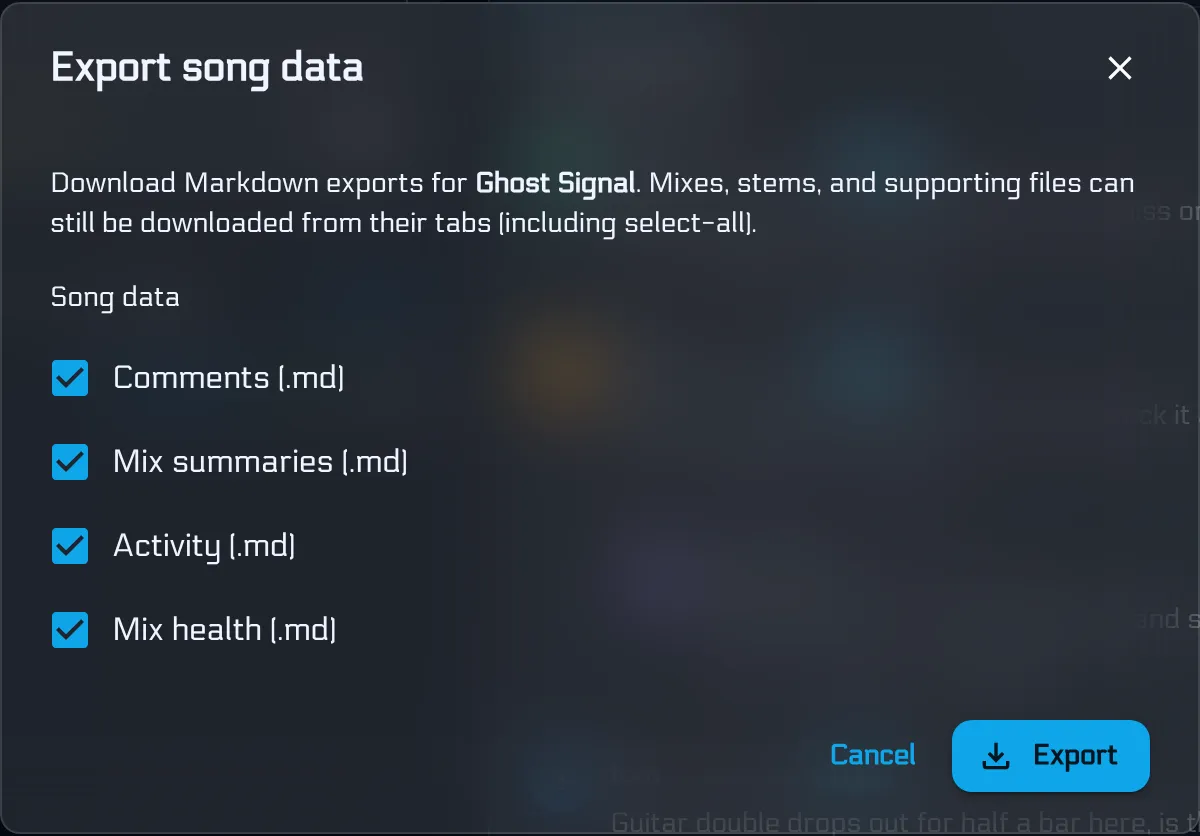 Export song data dialog with Markdown checkboxes for comments, mix summaries, activity, and mix health