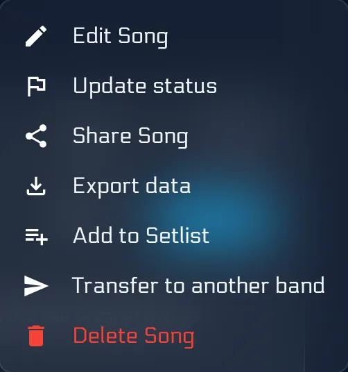 Song overflow menu with Export data highlighted