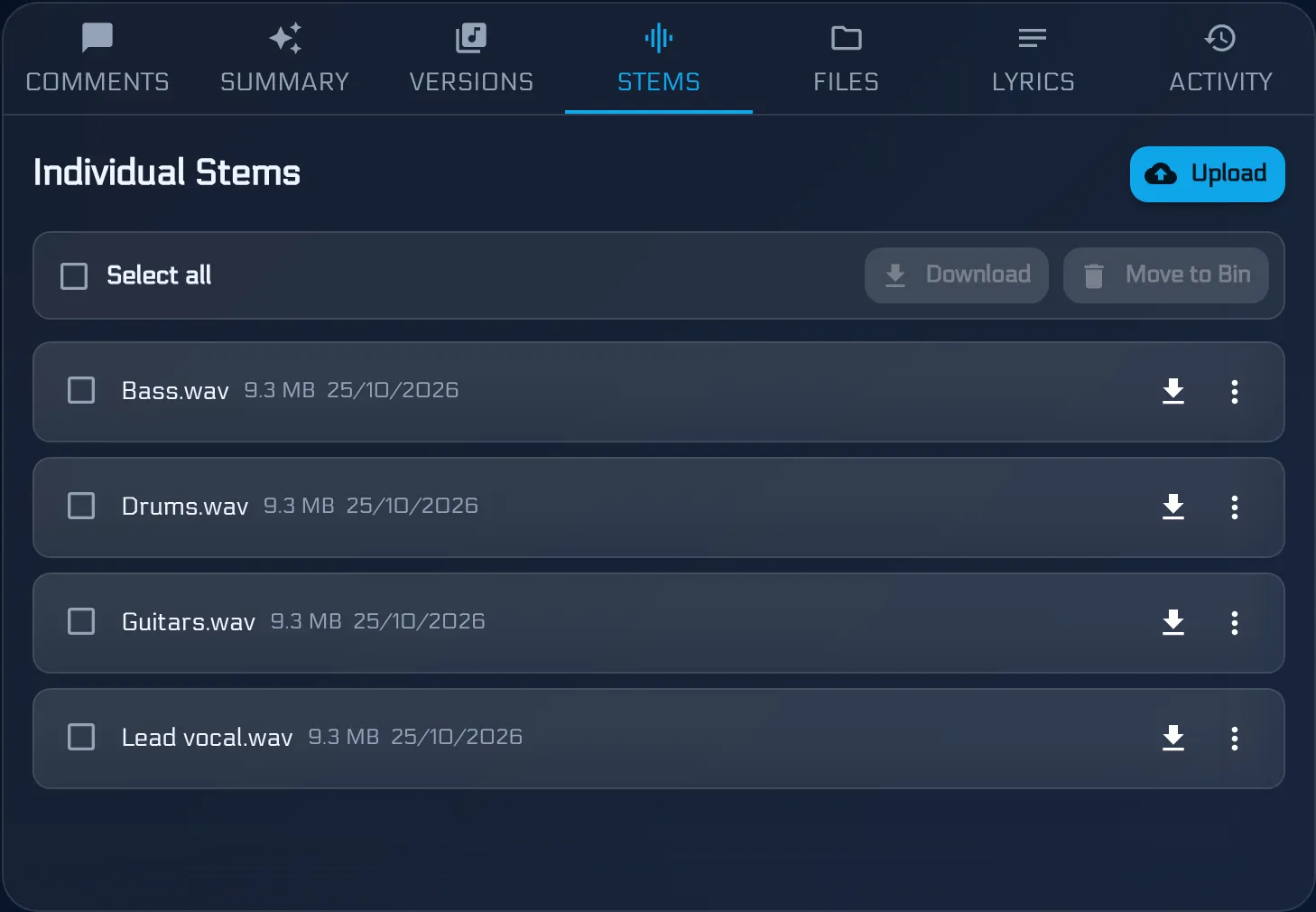 The Stems tab on a song, listing the individual stems alongside the version history and comments