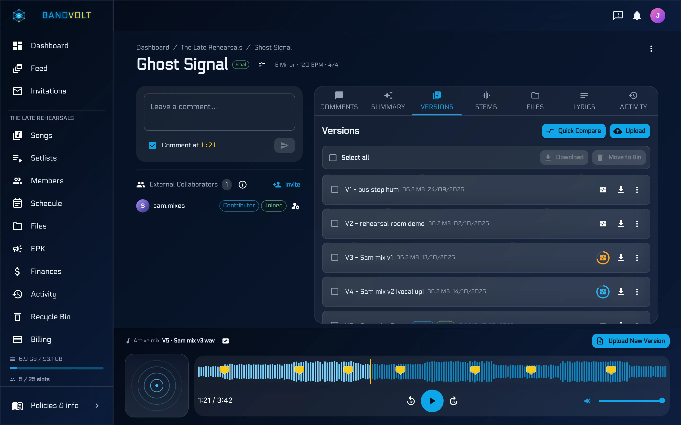 The BandVolt song page with mix versions in order, as shown in the walkthrough videos