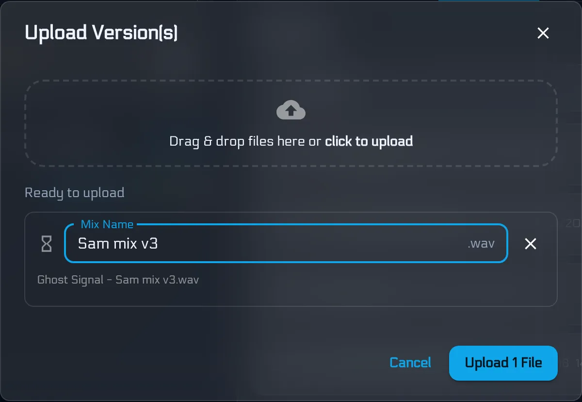 Uploading a new version of a song in BandVolt, with a label describing what changed